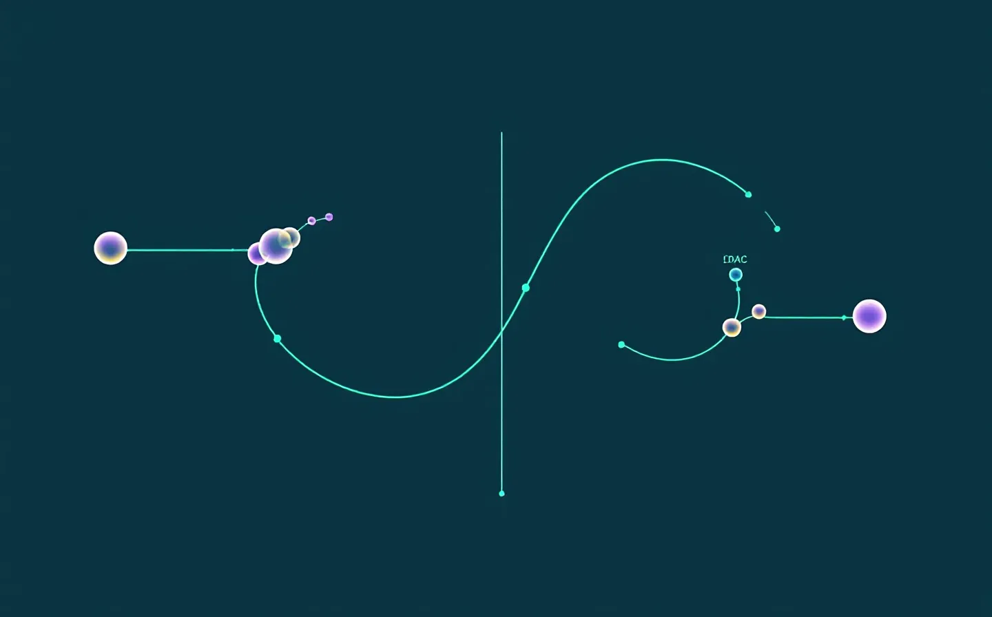 Feedback-interface schematic of two CJC-1295 variant channels — a violet DAC node bound to an albumin sphere with a long emerald multi-day decay line, beside a violet no-DAC node with a short emerald minutes-line, on a deep slate ground